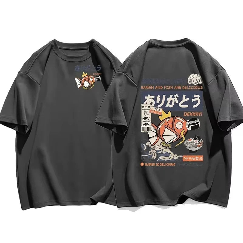 Japanese Streetwear T-shirt Men Koi Fish Soy Sauce Print Casual Women Short Sleeve Tee Summer 2025 Anime Fashion Y2k Clothes