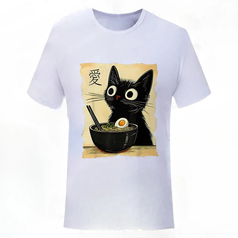 Funny Cat Ramen Graphic Tee Japanese Kawaii Anime Cat T-Shirt Fashion T-shirts Short Sleeve Clothes Trend Casual Unisex Tshirts