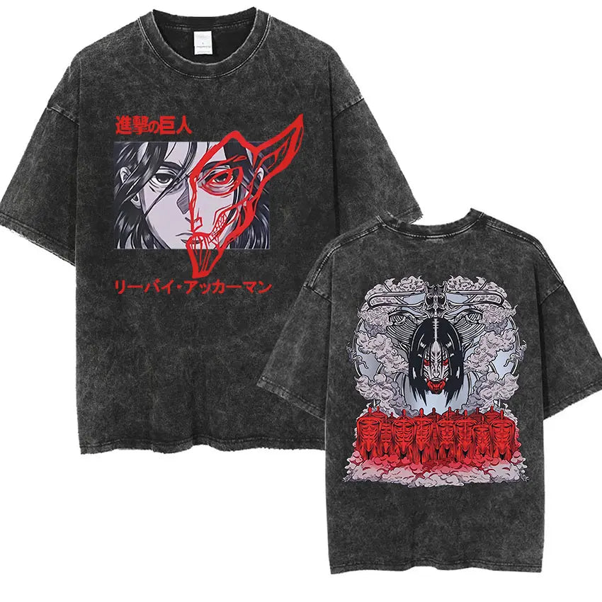 Anime Attack on Titan Vintage Washed Print T-shirt Mikasa Ackerman Eren Jaeger Wings of Freedom Logo Mens Summer Cotton T-shirts