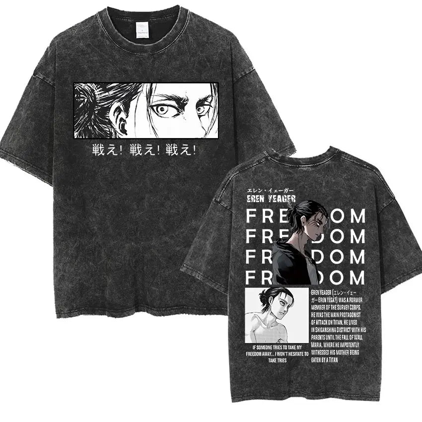 Anime Attack on Titan Vintage Washed Print T-shirt Mikasa Ackerman Eren Jaeger Wings of Freedom Logo Mens Summer Cotton T-shirts