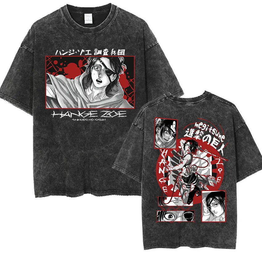 Anime Attack on Titan Vintage Washed Print T-shirt Mikasa Ackerman Eren Jaeger Wings of Freedom Logo Mens Summer Cotton T-shirts