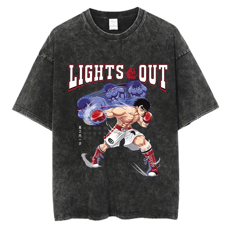 Vintage Cotton Washed T-Shirt Anime Hajime No Ippo Kamogawa Boxing Gym Loose T Shirts Men Women Y2K Hip Hop Summer Top Tee