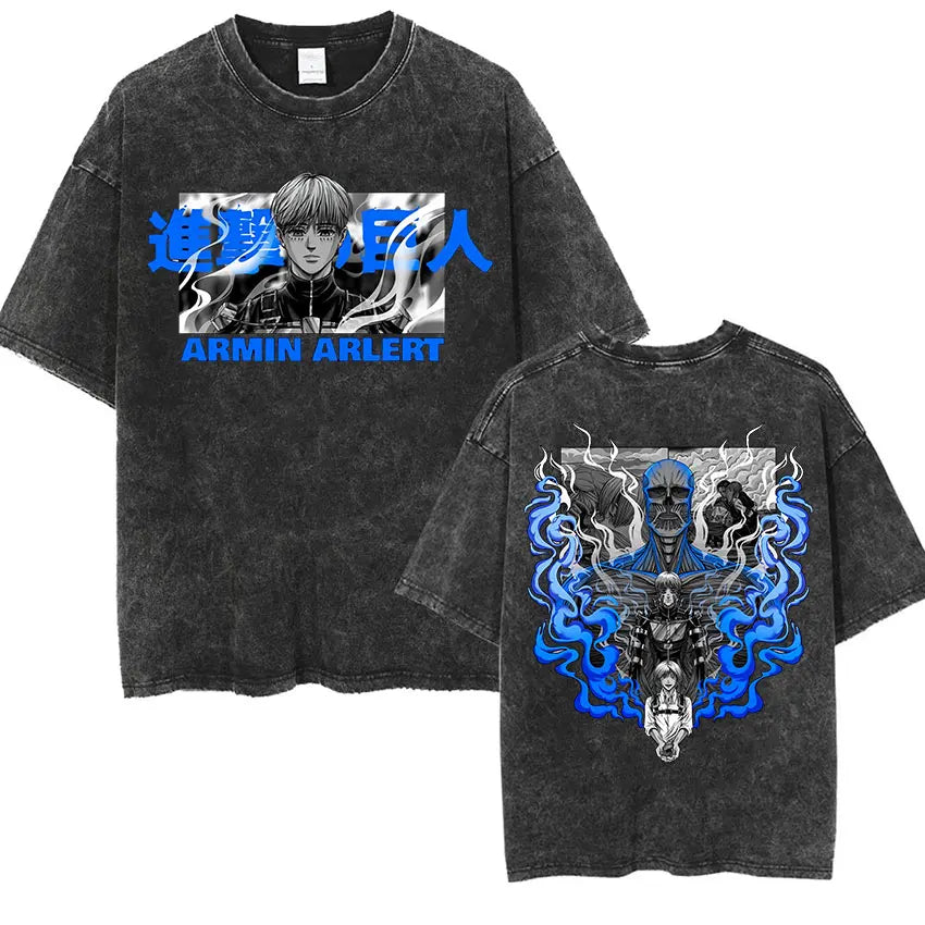 Anime Attack on Titan Vintage Washed Print T-shirt Mikasa Ackerman Eren Jaeger Wings of Freedom Logo Mens Summer Cotton T-shirts