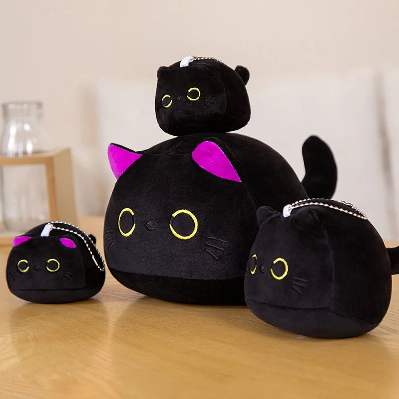 9/15/25CM Small Cuddly Black Cat Plush Doll Cartoon Stuffed Round Ball Cat Plushie Girl's Bag Keychain Pendant Toys