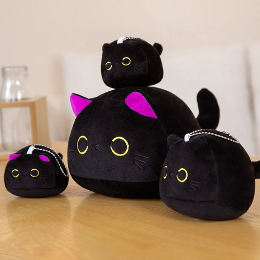 9/15/25CM Small Cuddly Black Cat Plush Doll Cartoon Stuffed Round Ball Cat Plushie Girl's Bag Keychain Pendant Toys