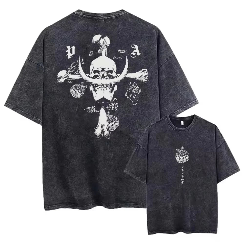 One Piece Portgas D. Ace A&SCE Legacy Minimal White Acid Wash Oversized Black T-Shirt 2026 Summer Streetwear Anime Graphic Tee