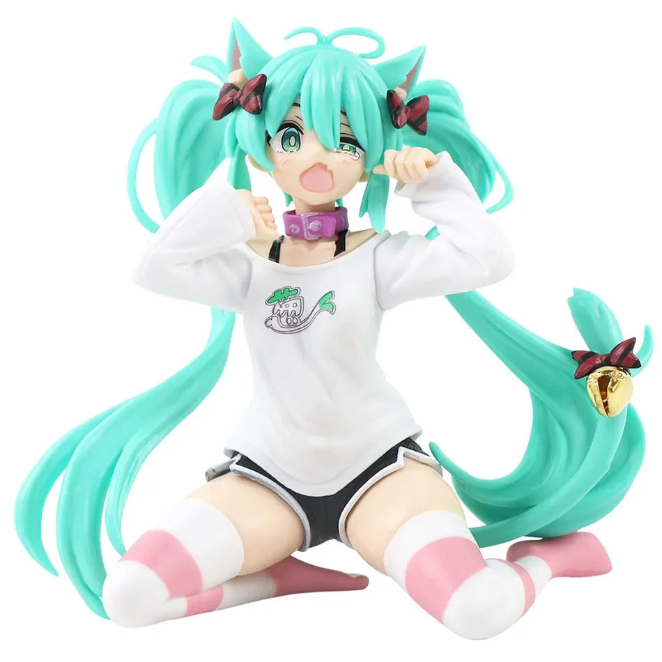 Hatsune Miku Model Anime Girl Figures Cat Ear Sitting Posture Short Sleeved Pajamas Figurines Car Decoration Doll Kids Toys Gift