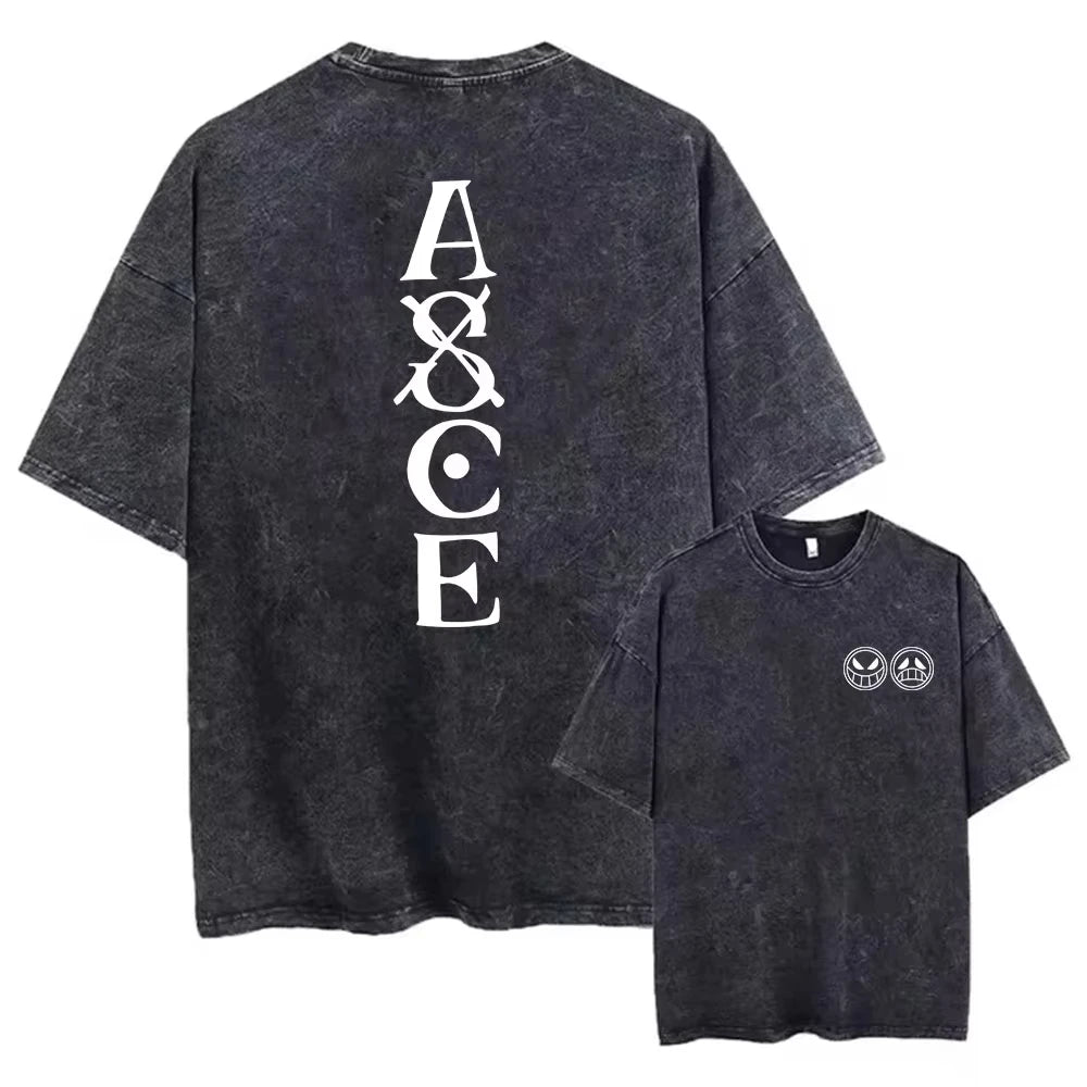 One Piece Portgas D. Ace A&SCE Legacy Minimal White Acid Wash Oversized Black T-Shirt 2026 Summer Streetwear Anime Graphic Tee
