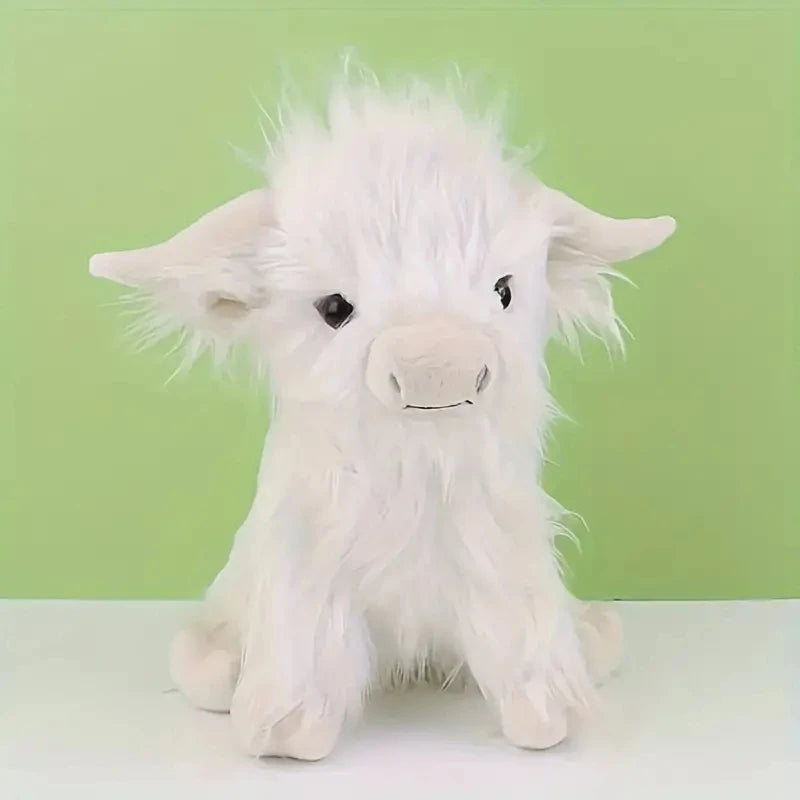 30cm Simulation Kyloe Cream Highland Cow Animal Plush Doll Soft Stuffed Highland Cow Cattlle Plushie Gift for Kids Boys Girls
